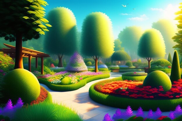 Una pintura de un jardín con un jardín de flores al fondo.