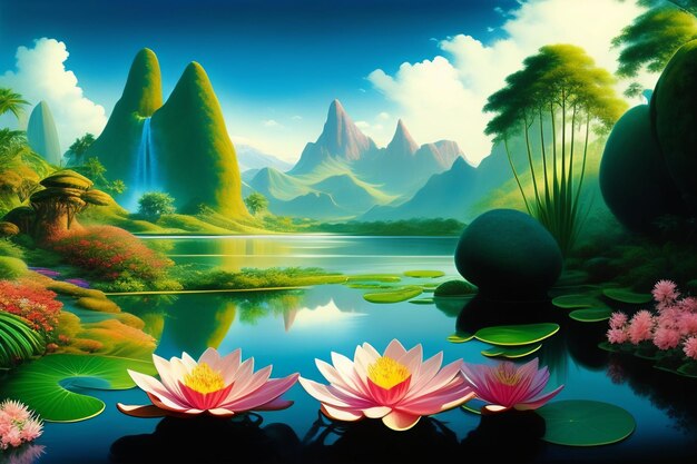 Una pintura de un lago con una flor de loto en primer plano.