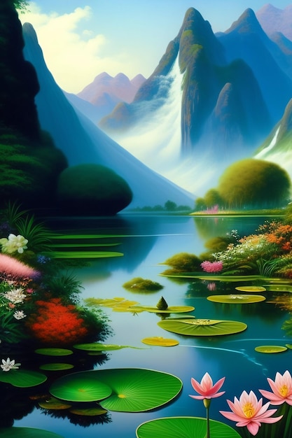 Una pintura de un lago de montaña con una montaña al fondo.