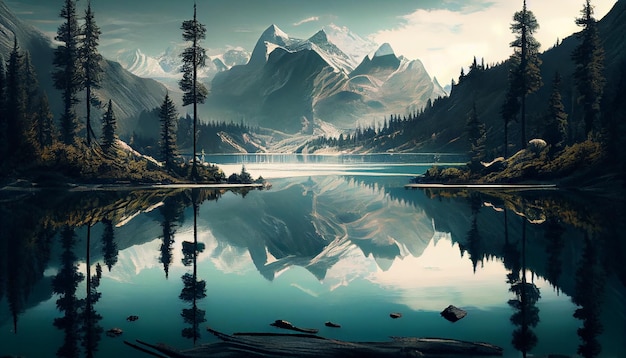 Una pintura de un lago de montaña con una montaña al fondo.