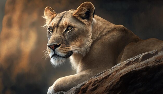 Una pintura de una leona en una roca.