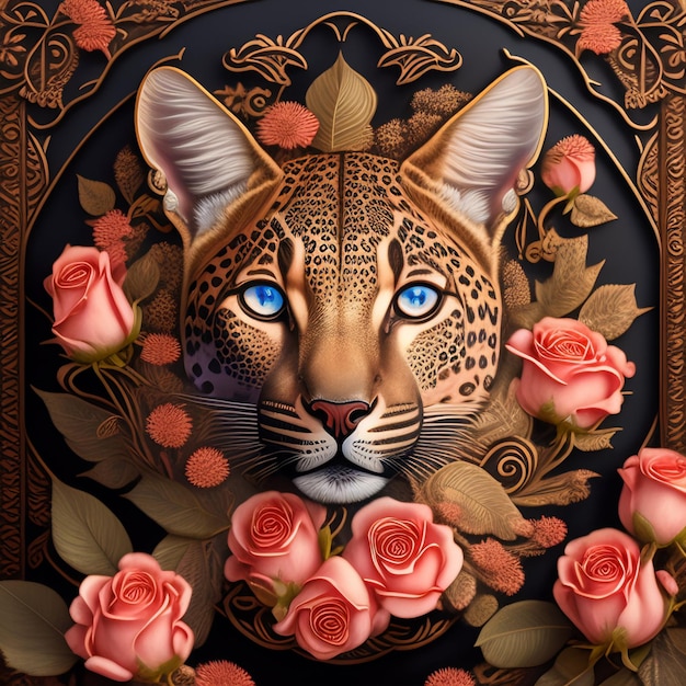 Una pintura de un leopardo con rosas rosadas.