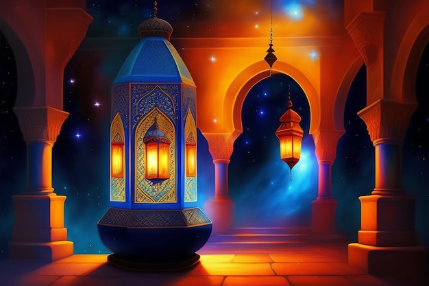 Una pintura de una linterna con las palabras eid al - fitr.