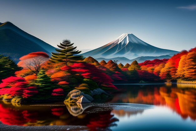 Una pintura de una montaña con un lago y una montaña al fondo.