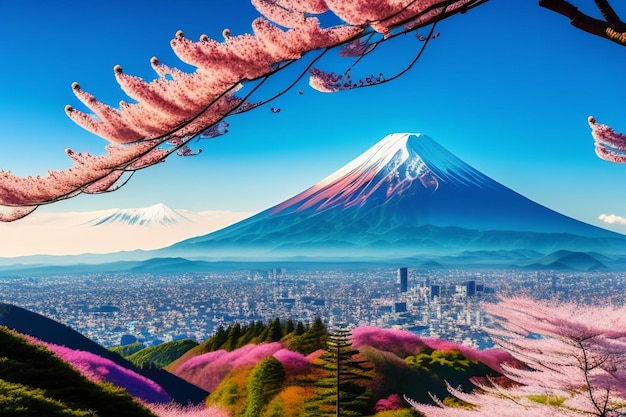 Una pintura del monte fuji con una montaña al fondo.