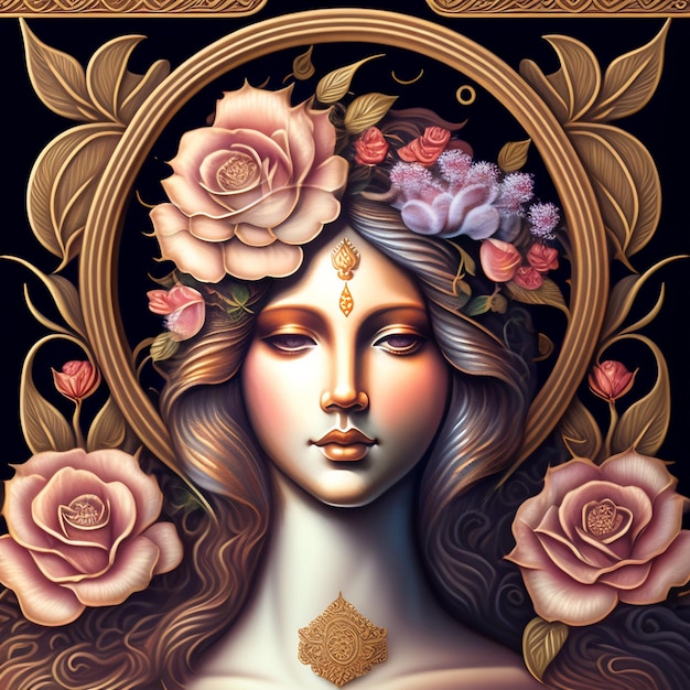 Una pintura de una mujer con flores en la cabeza.