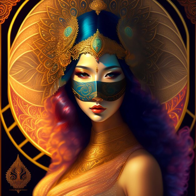 Una pintura de una mujer con una máscara azul y dorada en la cara.
