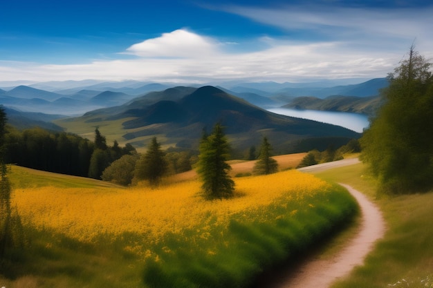 Foto gratuita una pintura de paisaje de un camino que conduce a un lago y montañas.