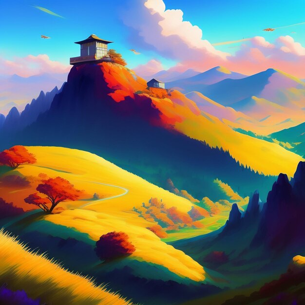 Una pintura de un paisaje de montaña con una casa en él.