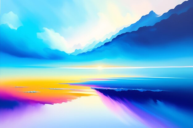 Una pintura de un paisaje de montaña con un cielo azul y nubes.