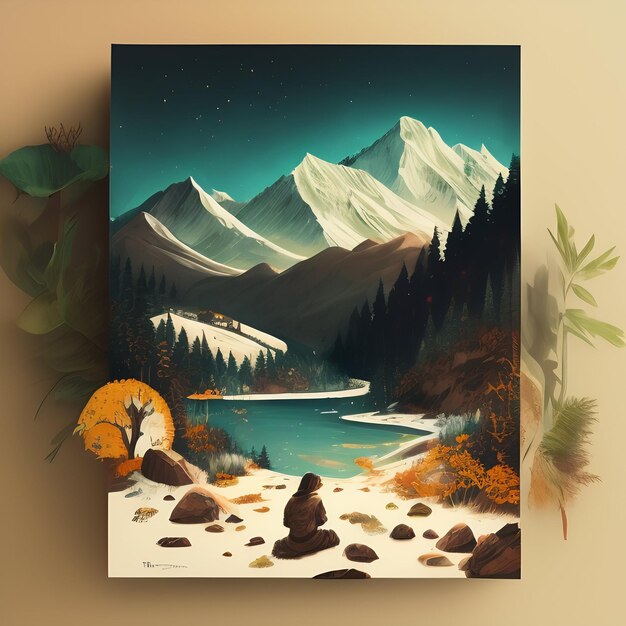 Una pintura de un paisaje de montaña con una montaña al fondo.