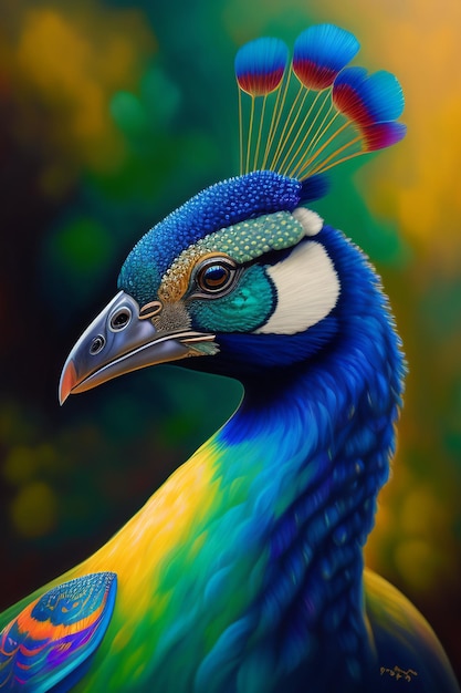Foto gratuita una pintura de un pavo real con una cola amarilla y azul.
