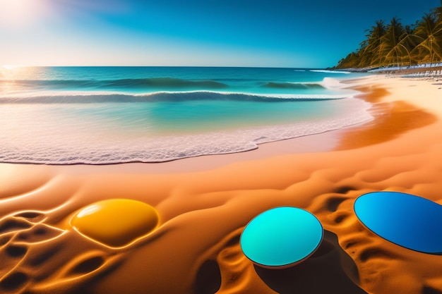 Una pintura de una playa con bolas de colores.