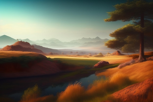 Una pintura de un río y montañas con una puesta de sol de fondo.