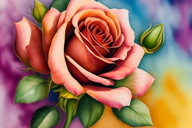 Una pintura de una rosa con hojas verdes y una rosa rosa.