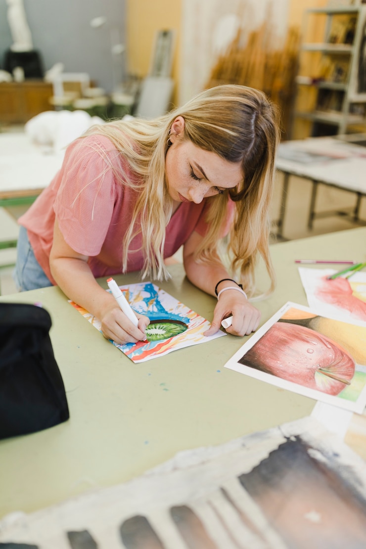 Foto gratuito pintura rubia joven con marcador en la mesa