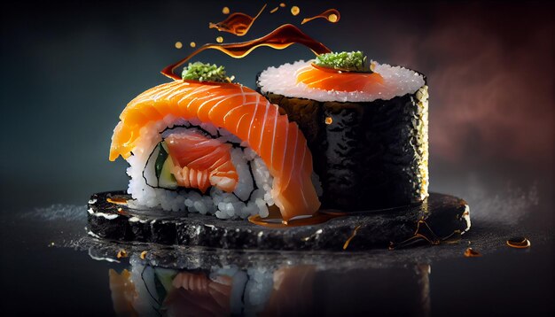 Una pintura de sushi y un plato con la imagen de un pez.