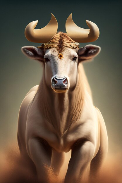 Una pintura de un toro con cuernos y una corona de oro.