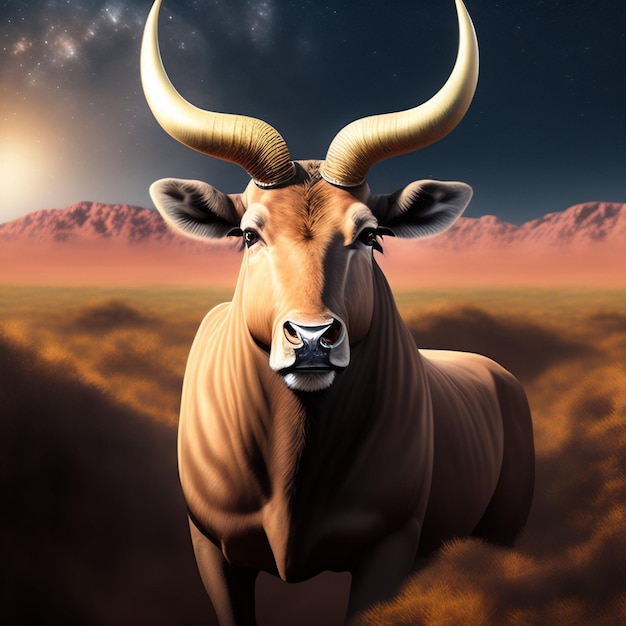 Foto gratuita una pintura de un toro con cuernos y una montaña al fondo.