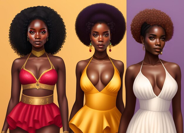 Una pintura de tres mujeres negras con diferentes peinados.