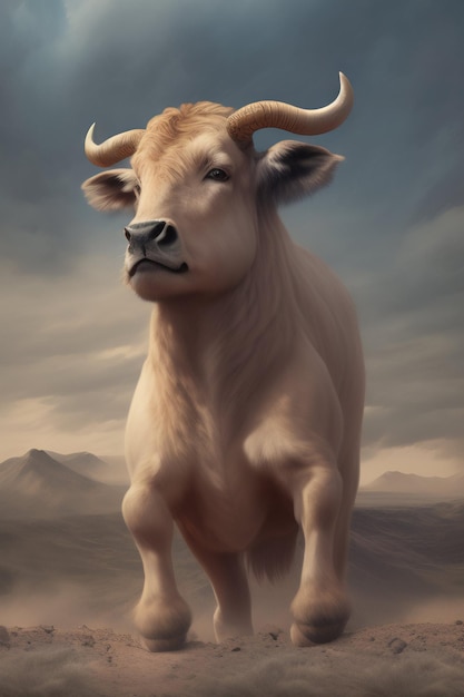Foto gratuita una pintura de una vaca blanca con cuernos se encuentra en un paisaje desértico.