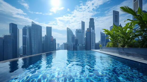 Una piscina en la azotea en un entorno urbano bullicioso con rascacielos al fondo