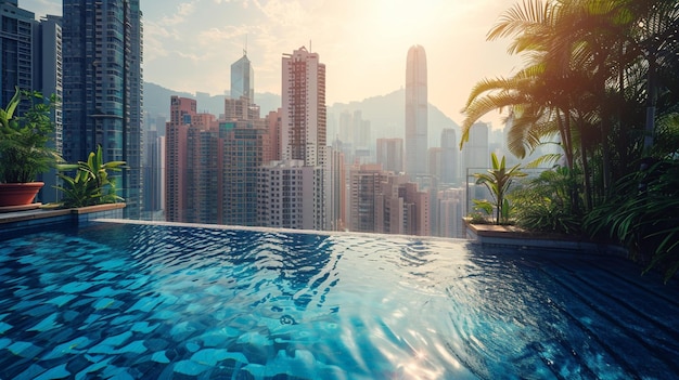 Foto gratuita una piscina en la azotea en un entorno urbano bullicioso con rascacielos al fondo