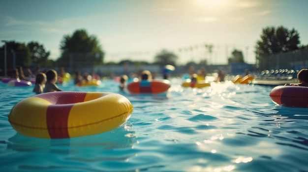 Foto gratuita una piscina comunitaria con coloridos flotadores repartidos por todas partes y niños jugando en el agua.