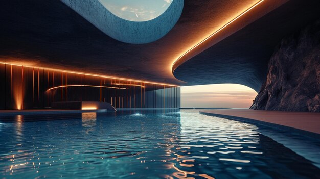 Una piscina futurista de diseño geométrico con luces LED cambiantes.