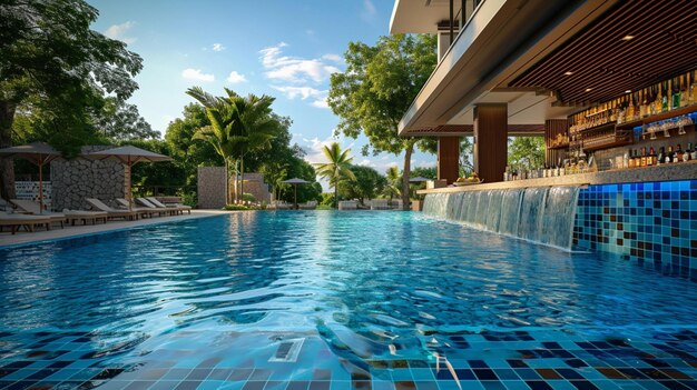 La piscina del hotel con fondo de mosaicos y un bar en la piscina que sirve bebidas refrescantes