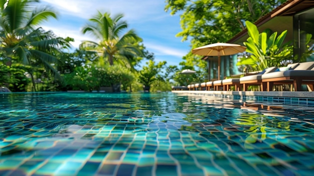 La piscina del hotel con fondo de mosaicos y un bar en la piscina que sirve bebidas refrescantes