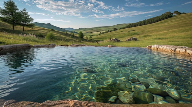 Foto gratuita una piscina rural rústica con agua cristalina enclavada entre colinas