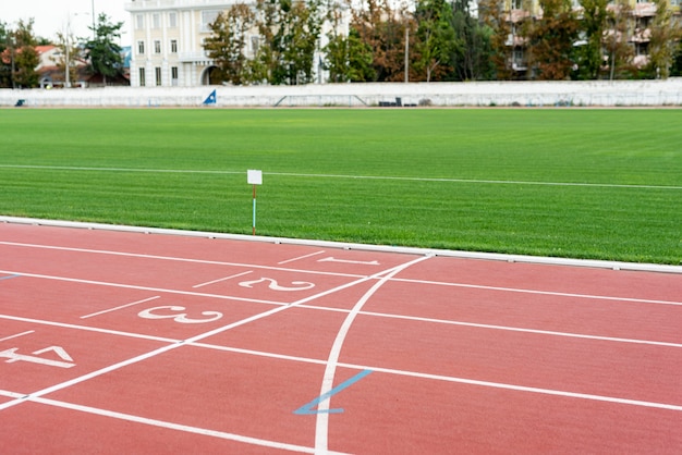 Pista de atletismo con campo de hierba en día soleado