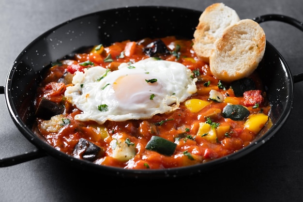 Foto gratuita pisto manchego de verduras con tomates pimientos de calabacín cebollas berenjena y huevo servido en sartén