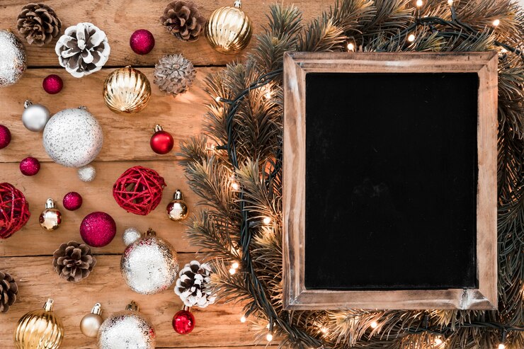 Foto gratuito pizarra con adornos brillantes en la mesa