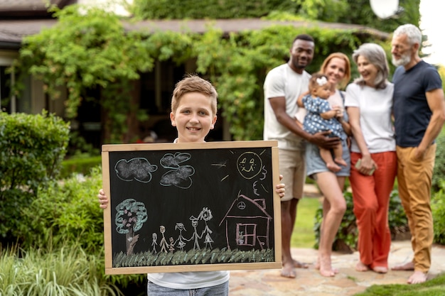 Foto gratuita pizarra y familia feliz de tiro medio