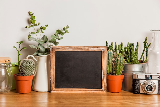 Pizarra y plantas en superficie de madera