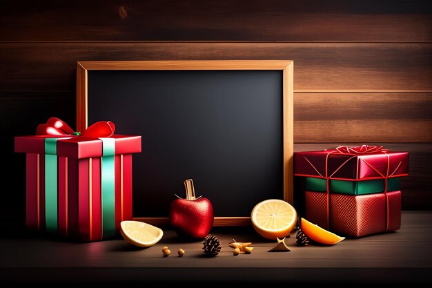 Una pizarra con un regalo de Navidad y una manzana roja.