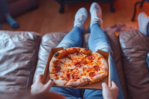 una pizza en una caja en el regazo de un adolescente sentado en el sofá y viendo la televisión con comida fresca