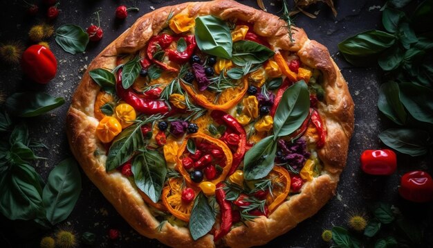 Pizza casera recién horneada en una mesa de madera rústica generada por IA