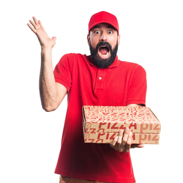 Pizza entrega hombre haciendo sorpresa gesto