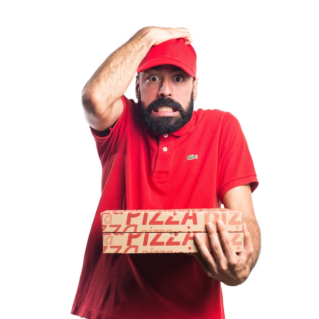 Pizza entrega hombre haciendo sorpresa gesto