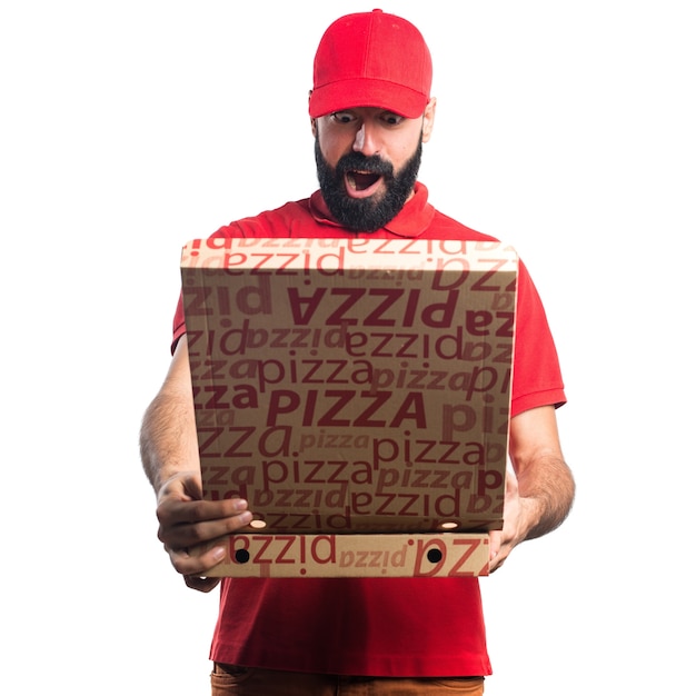 Foto gratuita pizza entrega hombre haciendo sorpresa gesto