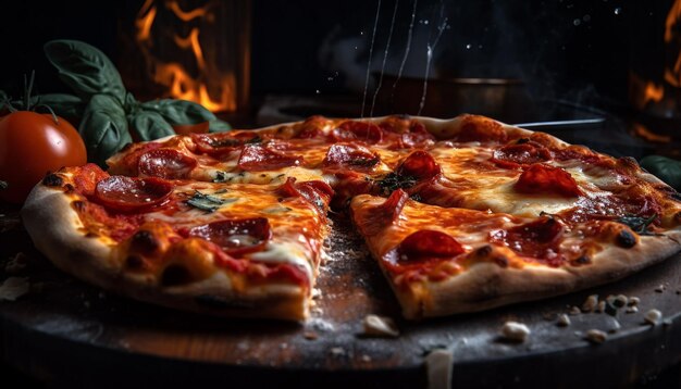 Pizza gourmet recién horneada en una mesa rústica de madera generada por IA