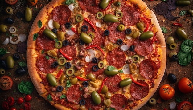 Foto gratuita pizza gourmet recién horneada con mozzarella y salami generada por ia