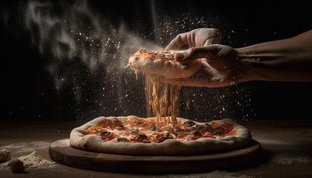 Pizza hecha a mano al horno de leña preparada por un chef experto generada por IA