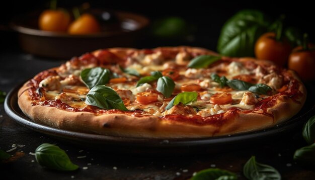 Pizza margherita rústica recién horneada en un plato generado por IA