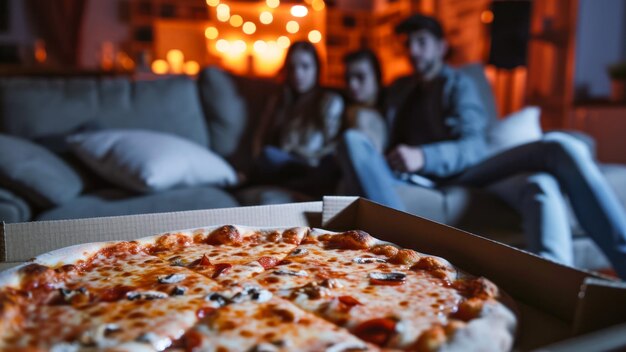 pizza en la mesa y retrato borroso de adolescentes sentados en el sofá y viendo la televisión