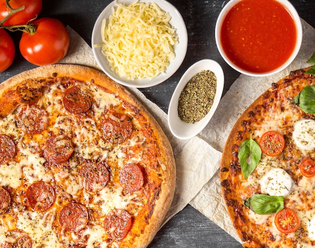 Pizza de pepperoni vista superior con ingredientes