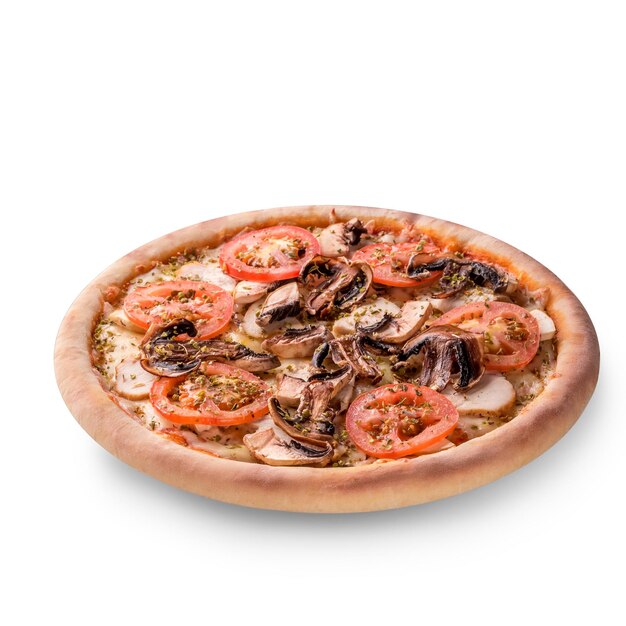 Pizza de pollo y champiñones de carne aislada sobre fondo blanco. Vista superior. foto para el menu